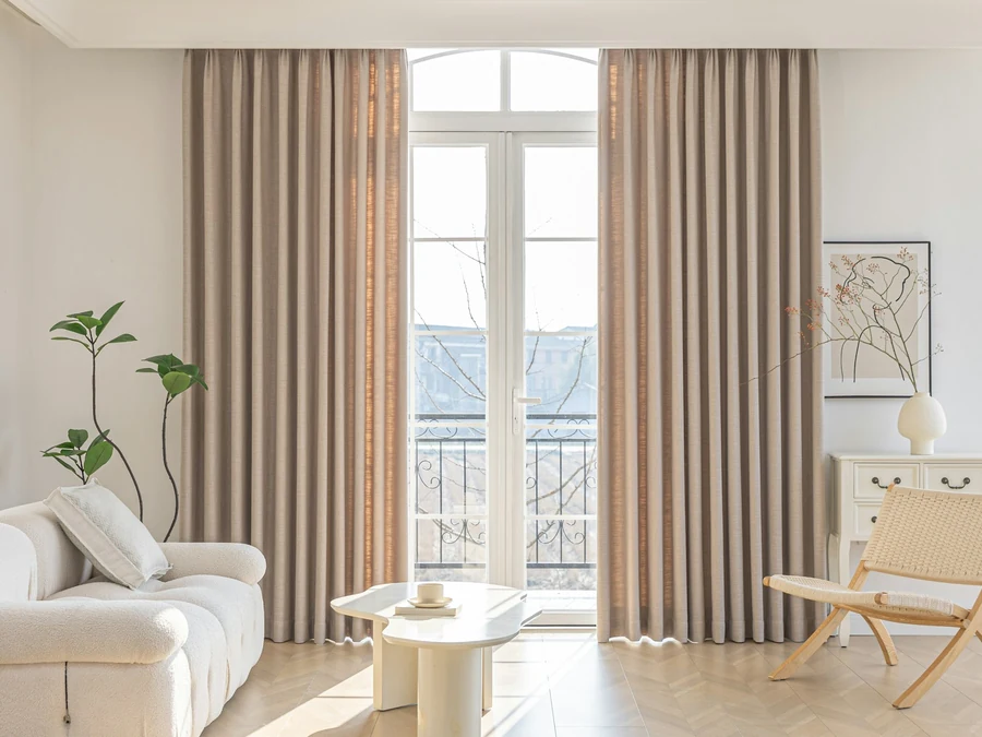 Bright living room with a cream sofa, pale wood floors and a green plant