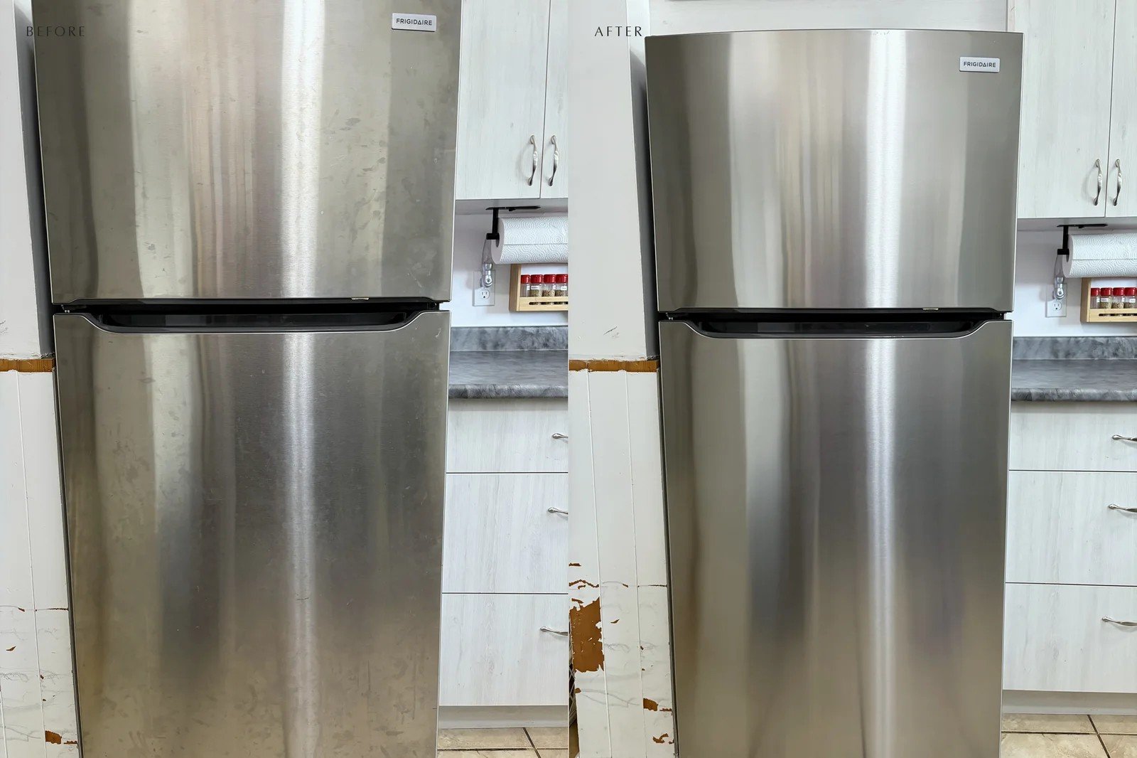 Before and after stainless-steel refrigerator cleaning by Element Cleaning Ottawa